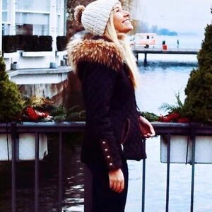 M. Miller Kristene Quilted Ulatrasuede Winter Jacket in Black Raccoon Fur Trim